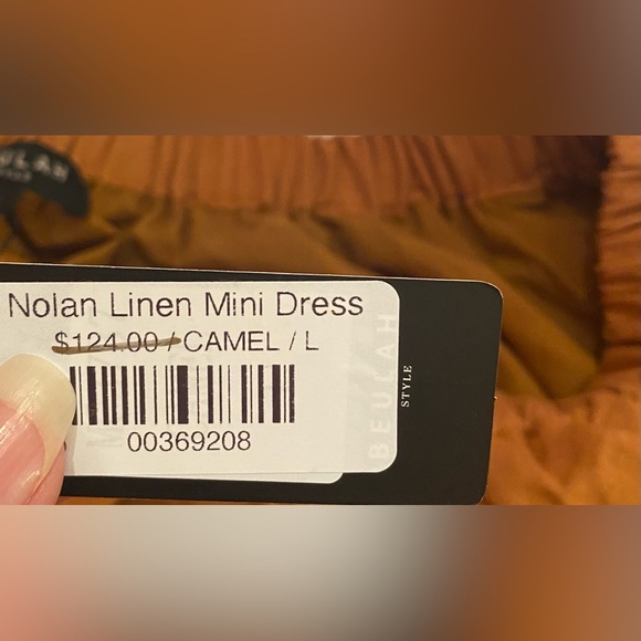Beulah Style Nolan Camel Linen Mini Dress Lined Pockets Puff Sleeve Size Large - Picture 10 of 13